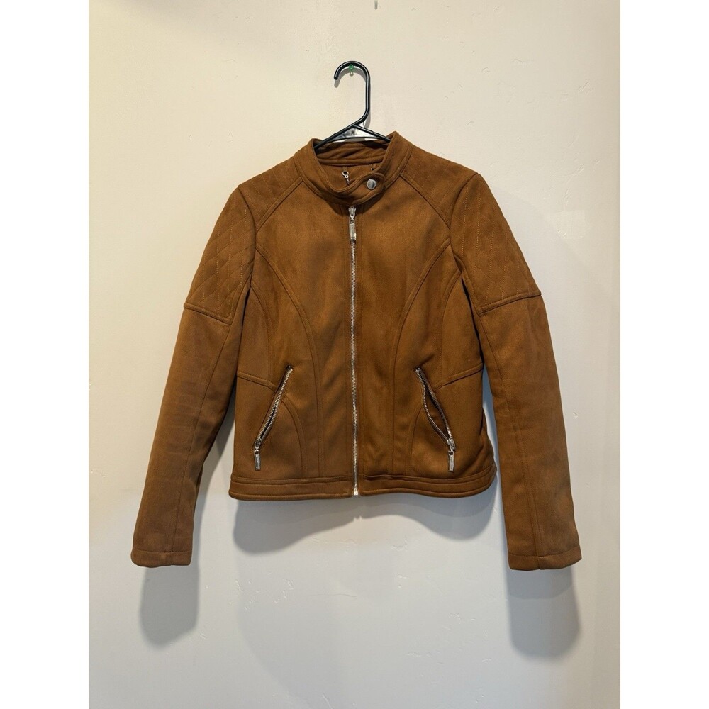 JouJou Faux Suede Tan Brown Zip Up Moto Jacket Womens M